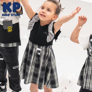 格紋拼接荷葉袖連衣裙