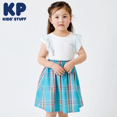 格紋拼接荷葉袖連衣裙