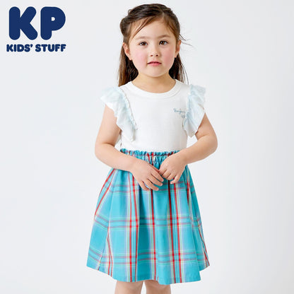 格紋拼接荷葉袖連衣裙