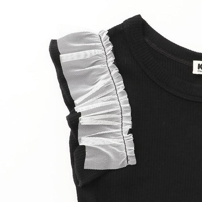 格紋拼接荷葉袖連衣裙