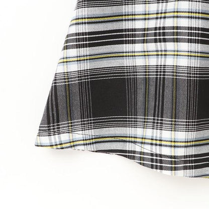 格紋拼接荷葉袖連衣裙