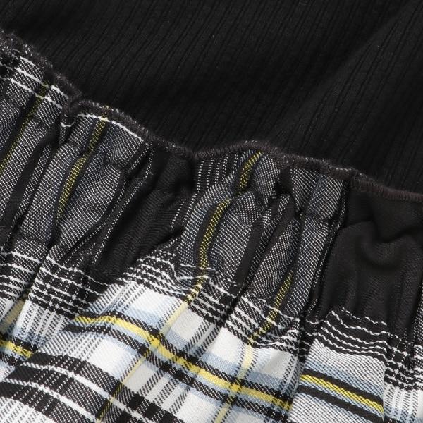 格紋拼接荷葉袖連衣裙