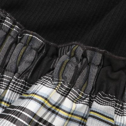 格紋拼接荷葉袖連衣裙