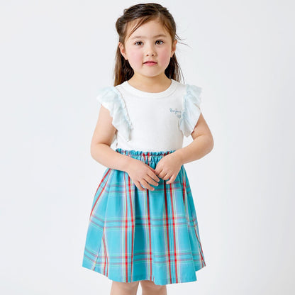 格紋拼接荷葉袖連衣裙