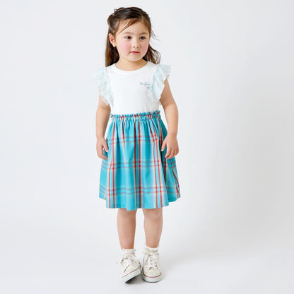 格紋拼接荷葉袖連衣裙