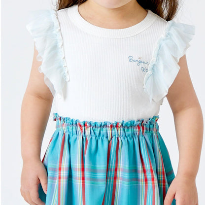 格紋拼接荷葉袖連衣裙