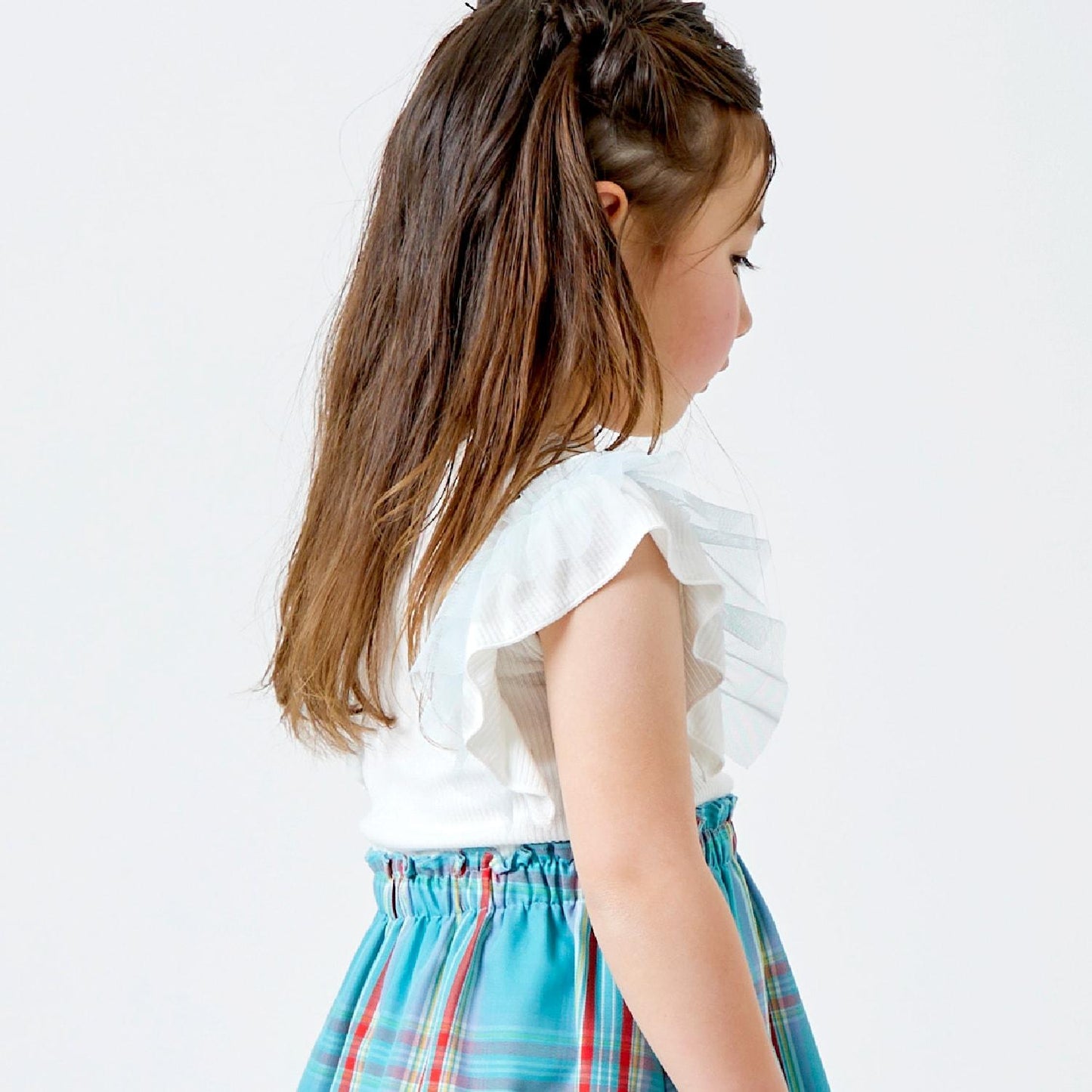 格紋拼接荷葉袖連衣裙