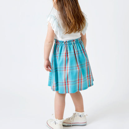 格紋拼接荷葉袖連衣裙