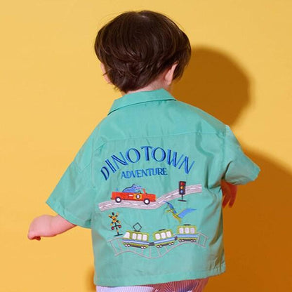 恐龍與交通工具刺繡短袖襯衫