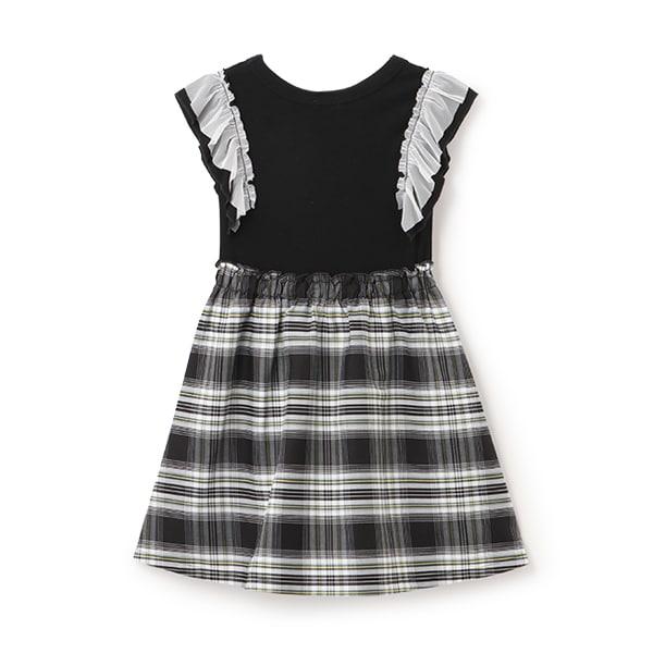 格紋拼接荷葉袖連衣裙