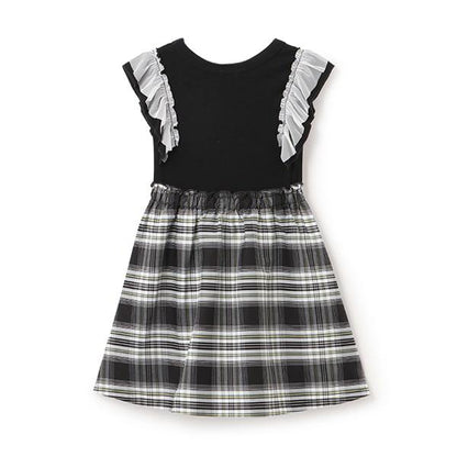 格紋拼接荷葉袖連衣裙