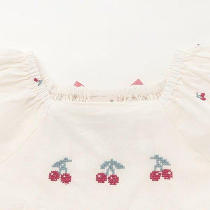 櫻桃刺繡泡泡袖襯衫