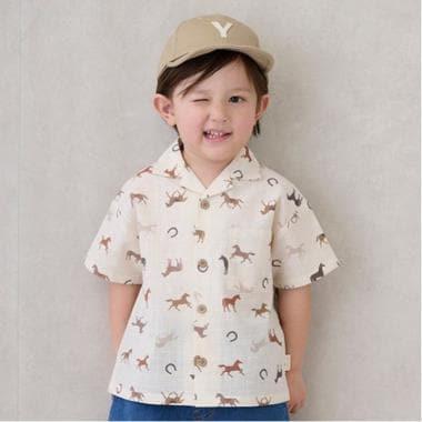 多色圖案開領短袖襯衫（兒童）