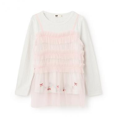 拼接網紗亮絲長袖長款上衣