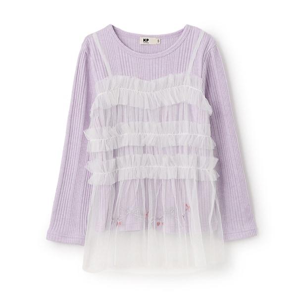 拼接網紗亮絲長袖長款上衣