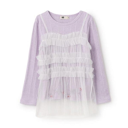 拼接網紗亮絲長袖長款上衣