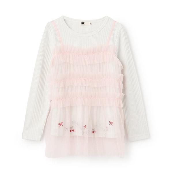 拼接網紗亮絲長袖長款上衣