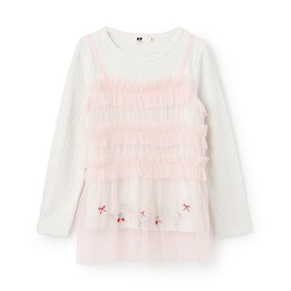 拼接網紗亮絲長袖長款上衣