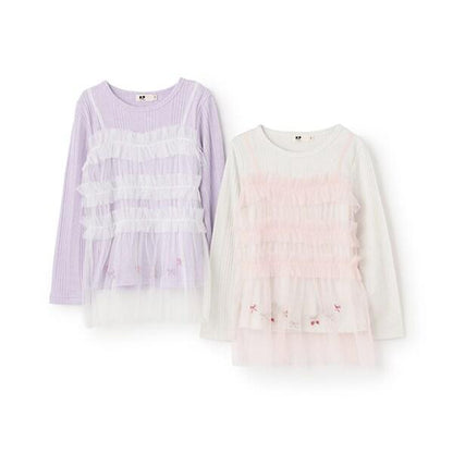 拼接網紗亮絲長袖長款上衣