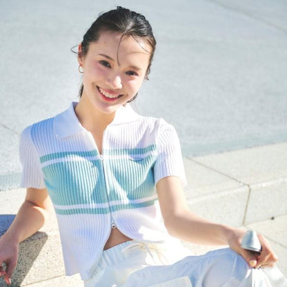 可水洗短袖拉鍊針織衫