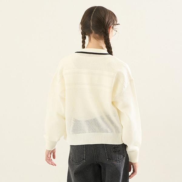 【AMI】條紋領網眼開衫與長袖T恤套裝