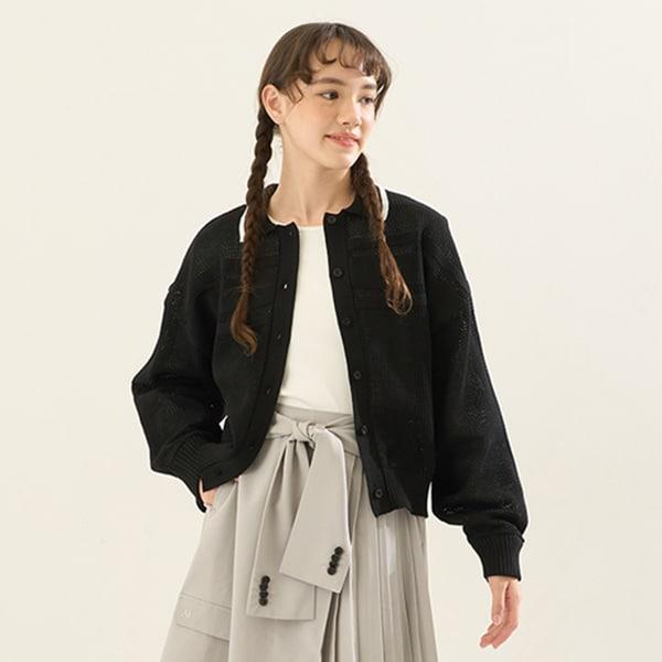 【AMI】條紋領網眼開衫與長袖T恤套裝