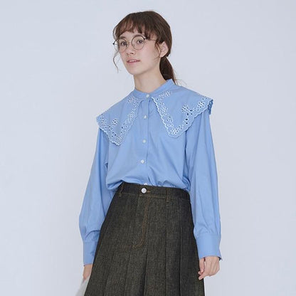 【AMI】鏤空刺繡大翻領襯衫