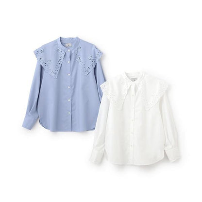 【AMI】鏤空刺繡大翻領襯衫