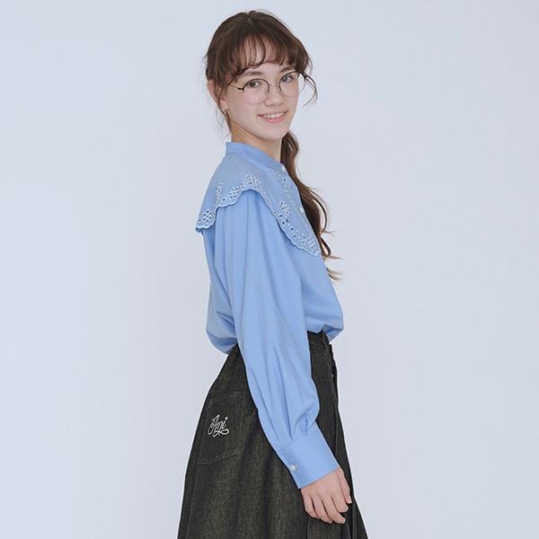 【AMI】鏤空刺繡大翻領襯衫