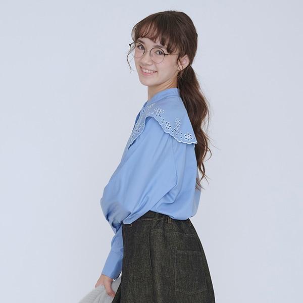 【AMI】鏤空刺繡大翻領襯衫