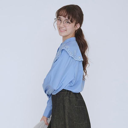 【AMI】鏤空刺繡大翻領襯衫