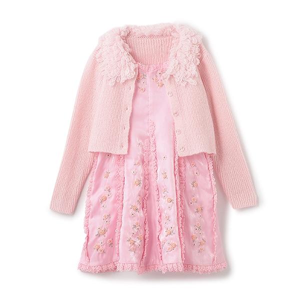 針織開衫&花卉刺繡連衣裙套裝