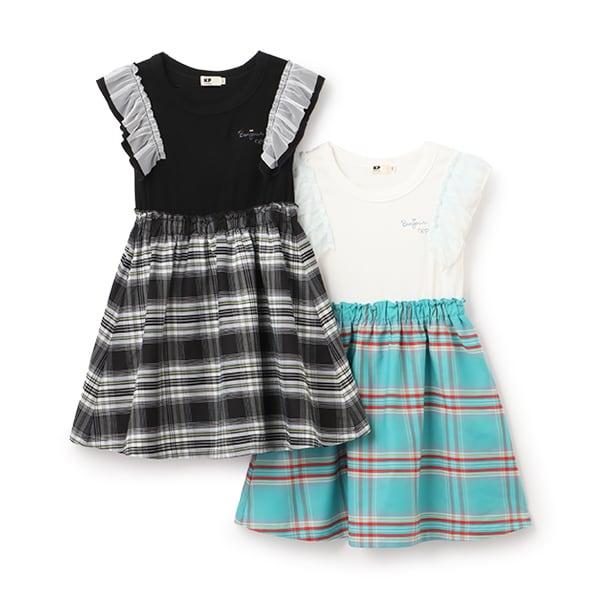 格紋拼接荷葉袖連衣裙