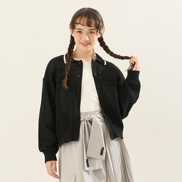 【AMI】條紋領網眼開衫與長袖T恤套裝