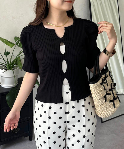 泡泡袖前開口條紋針織衫