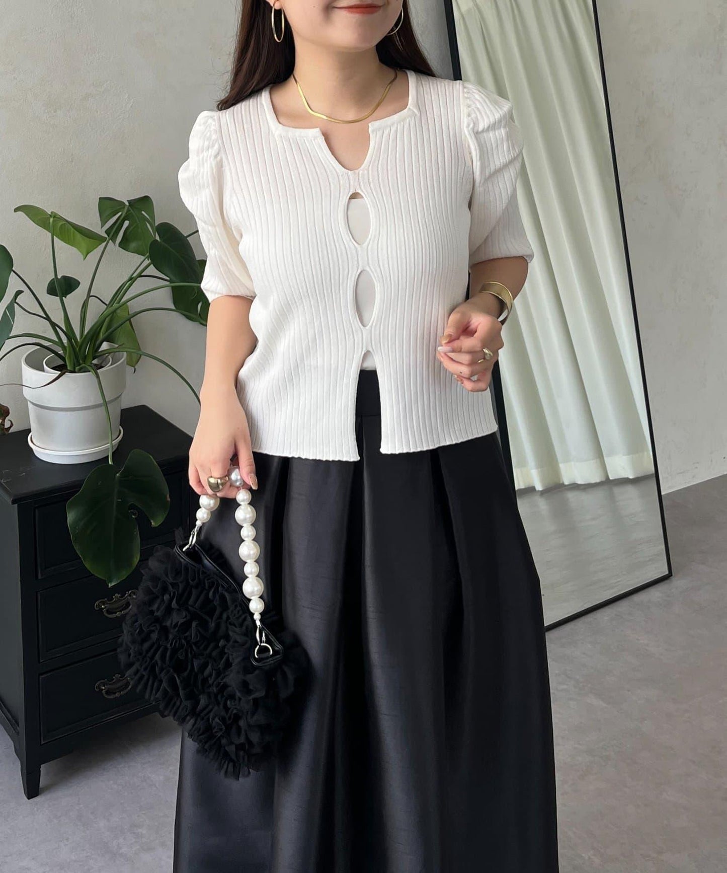 泡泡袖前開口條紋針織衫