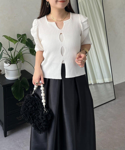 泡泡袖前開口條紋針織衫