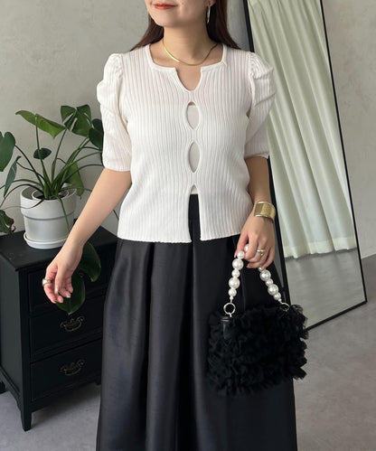 泡泡袖前開口條紋針織衫