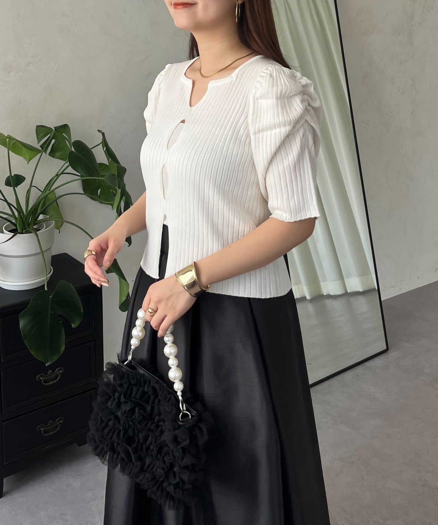 泡泡袖前開口條紋針織衫