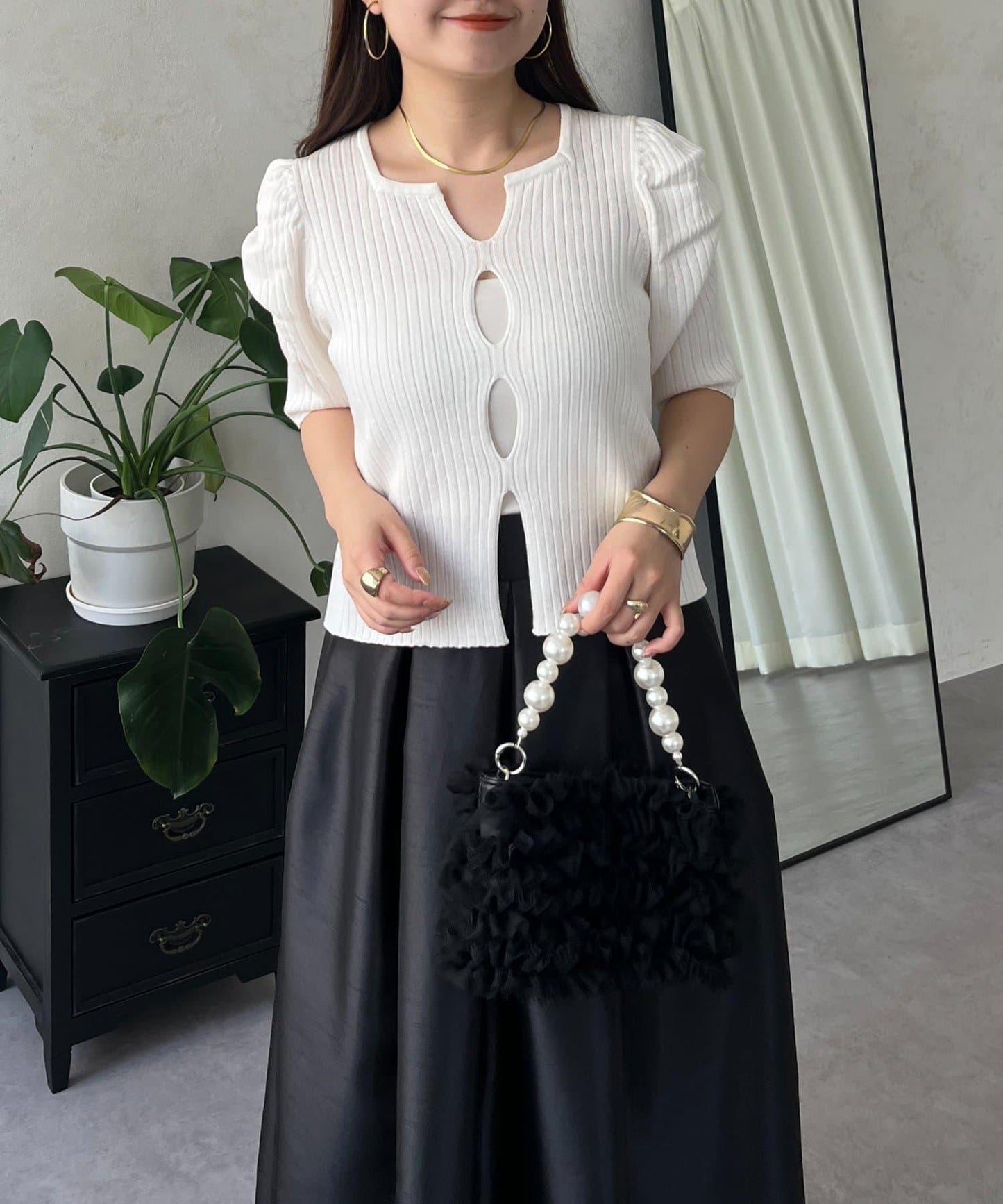 泡泡袖前開口條紋針織衫