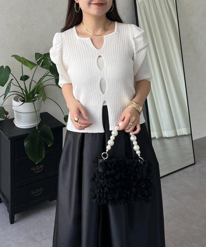 泡泡袖前開口條紋針織衫