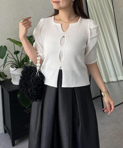 泡泡袖前開口條紋針織衫