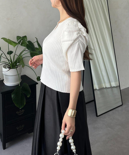 泡泡袖前開口條紋針織衫