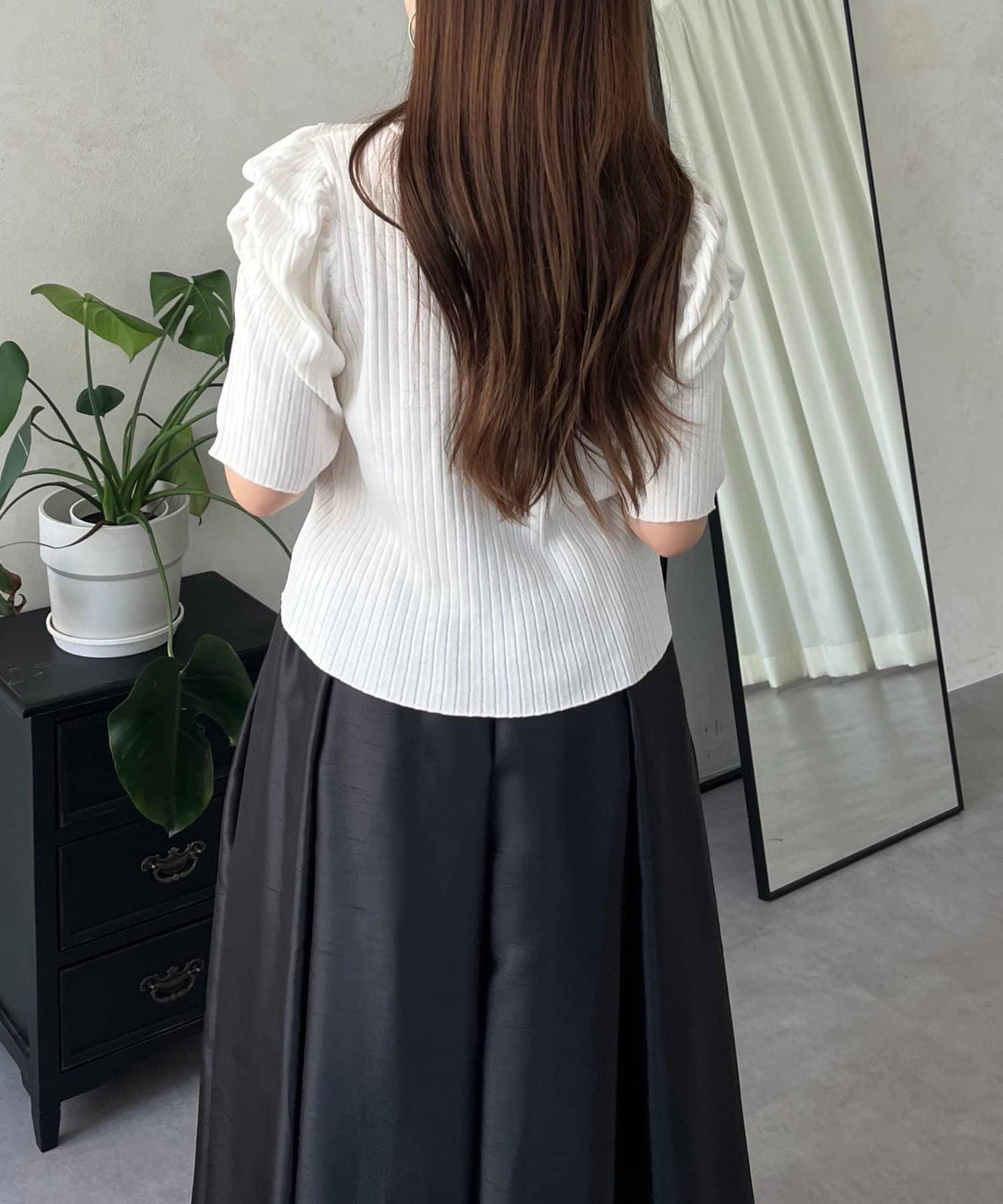 泡泡袖前開口條紋針織衫