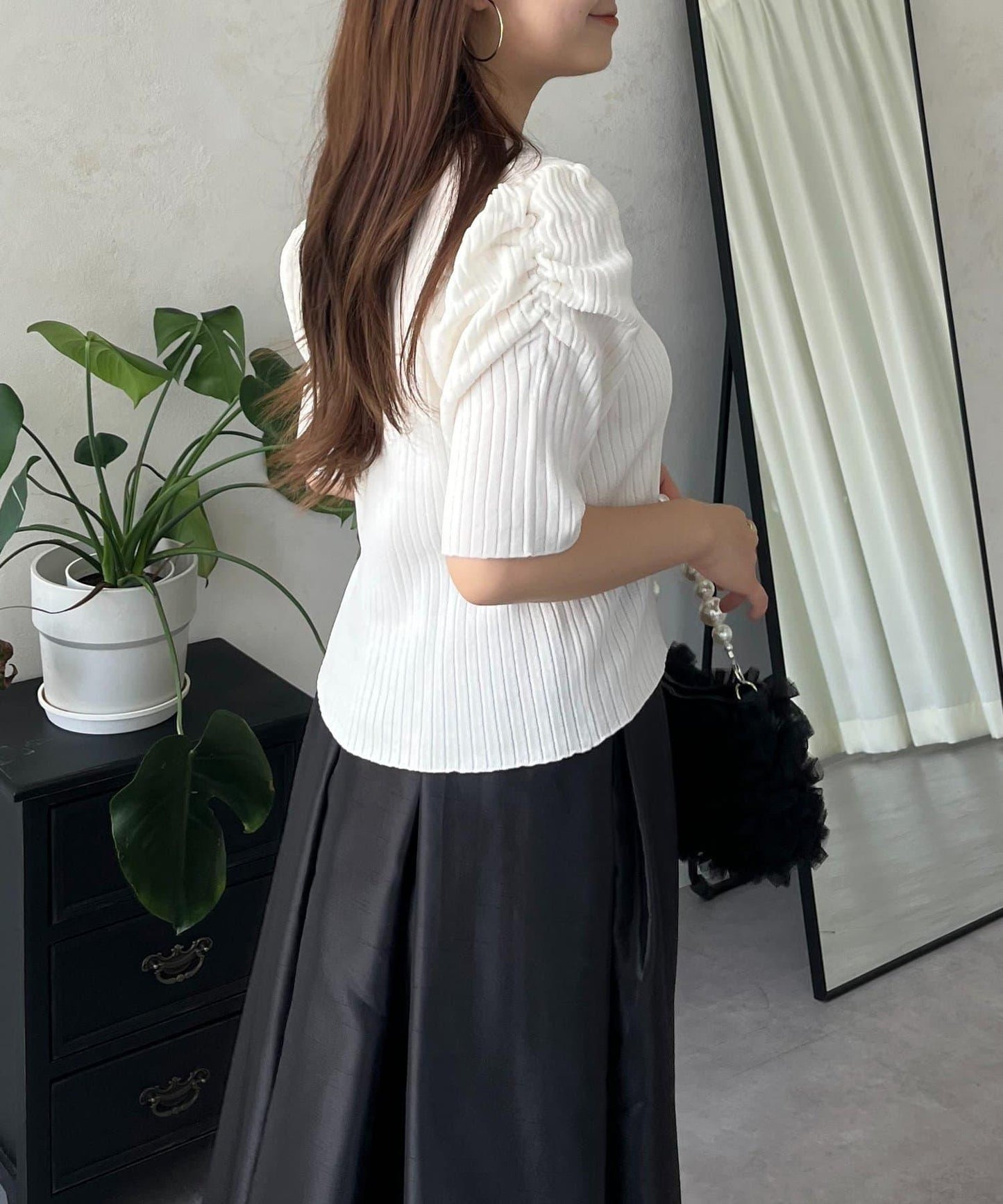 泡泡袖前開口條紋針織衫