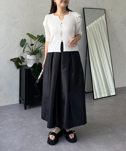 泡泡袖前開口條紋針織衫