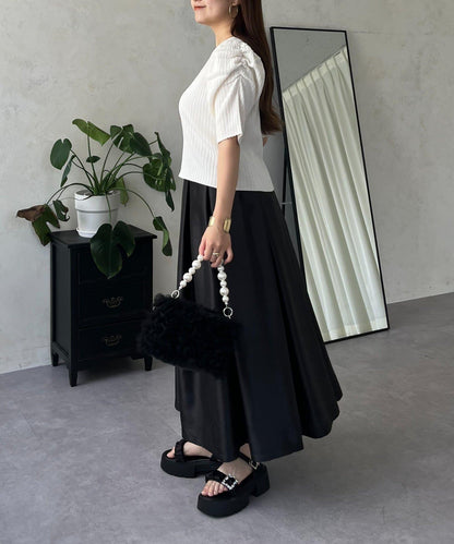 泡泡袖前開口條紋針織衫