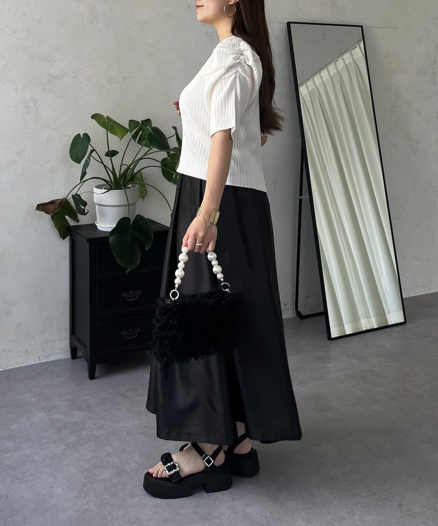 泡泡袖前開口條紋針織衫