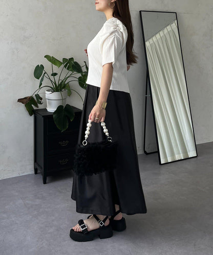 泡泡袖前開口條紋針織衫