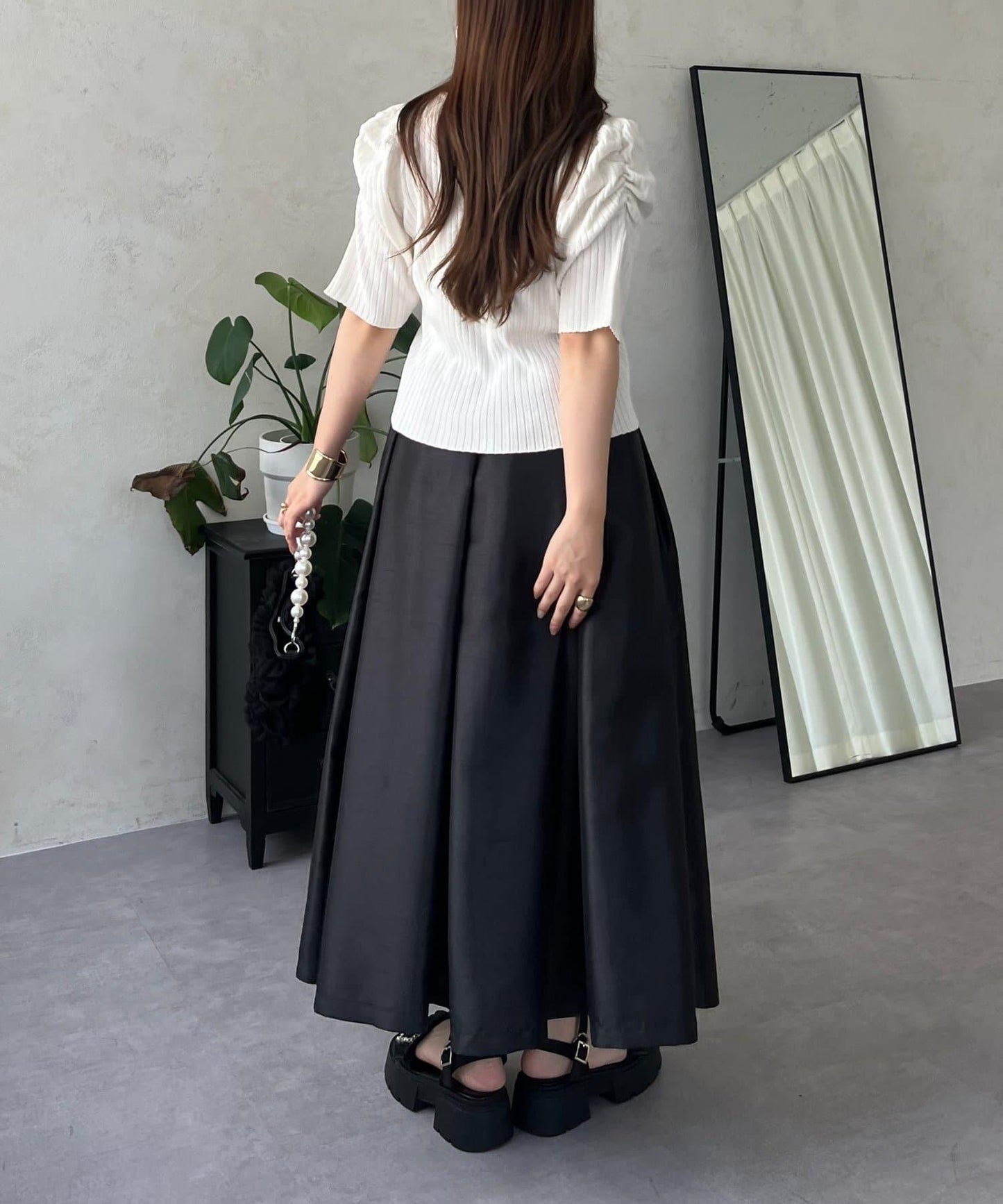 泡泡袖前開口條紋針織衫